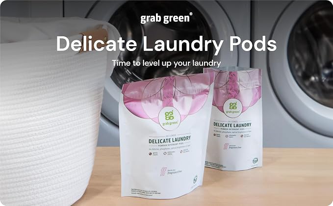 Grab Green Delicate Laundry Detergent Pods, 60 Count, Fragrance Free | Plant & Mineral-Based; For Delicate Loads; Enzyme-Powered; Velcro Closure; Laundry Brightener; Stain Remover