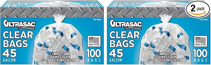 Ultrasac - Recycling Bag,45 Gallon,1.1 Mil,40"x46",Clear,w/Ties,100 Count (Pack of 2)