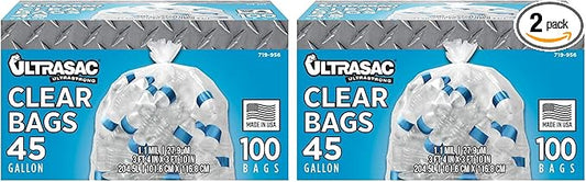Ultrasac - Recycling Bag,45 Gallon,1.1 Mil,40"x46",Clear,w/Ties,100 Count (Pack of 2)