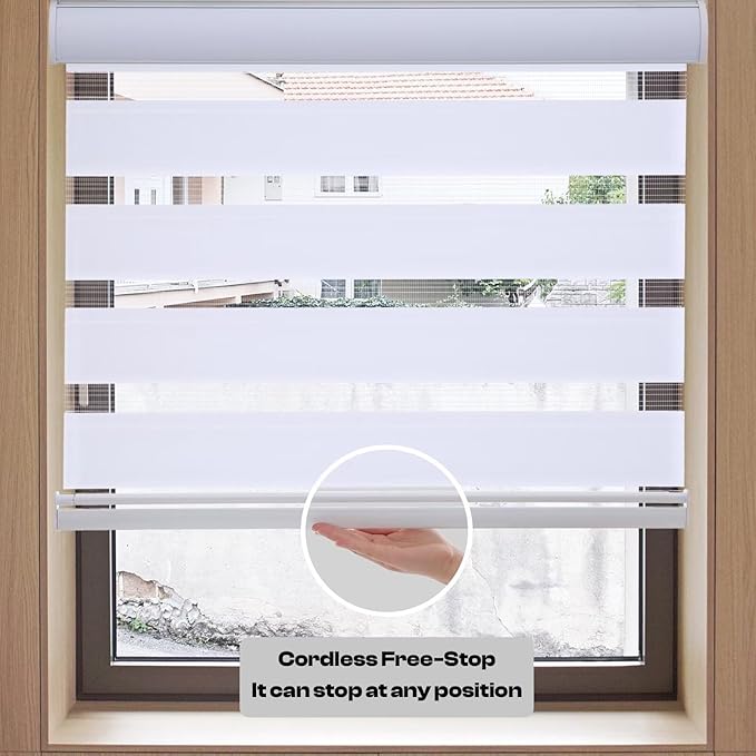 MYshade Roller Shades Zebra Blinds for Windows Cordless Day and Night Light Filtering Dual Layer Roller Blinds 22" x 72" White