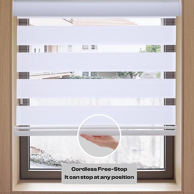 MYshade Roller Shades Zebra Blinds for Windows Cordless Day and Night Light Filtering Dual Layer Roller Blinds 39" x 72" White