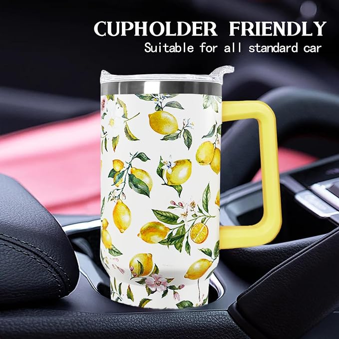 Ceovfoi 40 oz Lemon Print Stainless Steel Tumbler With Lid and Straw - Yellow Coffee Travel Mug Cup Water Bottle - Gifts for Lemon Lovers
