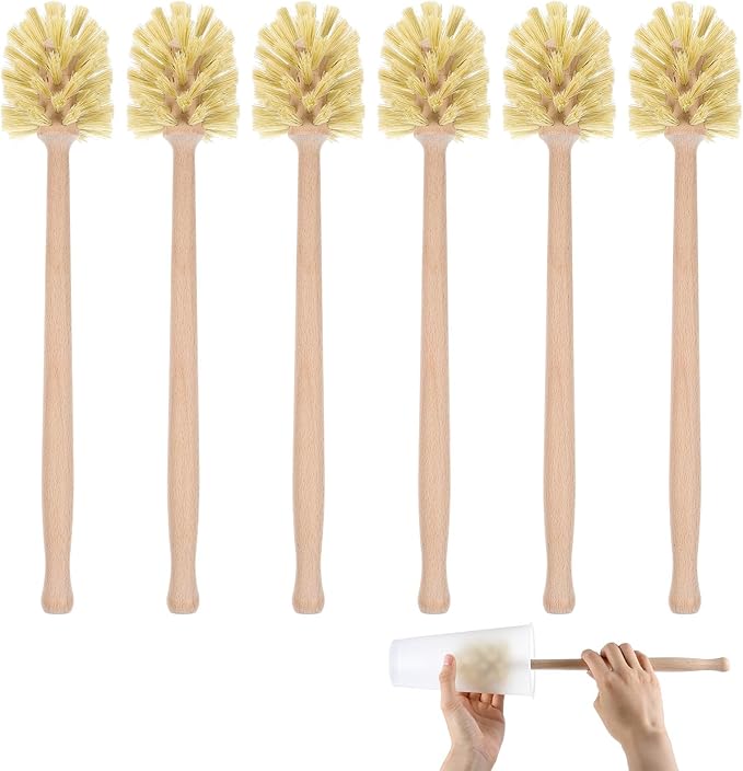6 Pcs Natural Wood Dish Scrub Brush with Long Beechwood Handle Bristles for Cleaning Bottles, Mugs, Jars, Glasses, Dishes, Vases, Pitchers, 13.6 x 2.6 Inches