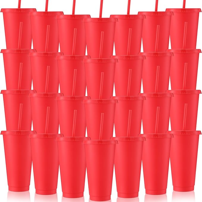Honeydak 60 Pack Tumbler with Straw and Lid Bulk Cups for Gifts Water Bottle Iced Coffee Travel Mug Cup Reusable Plastic Tumblers for Party Birthdays 24-27 oz (Red Color)