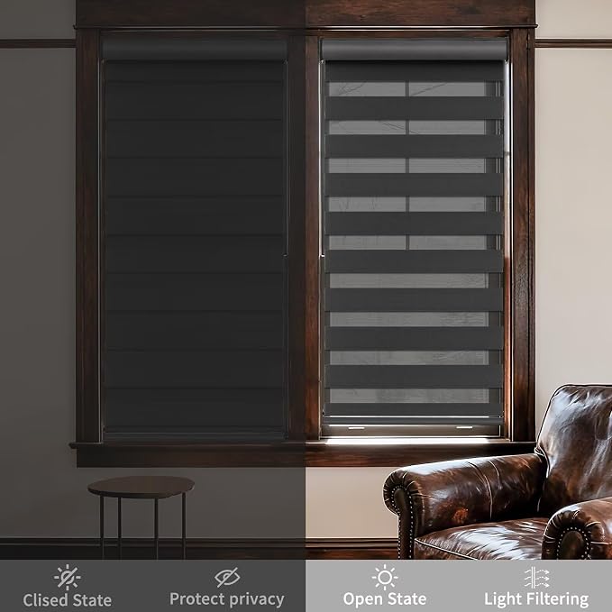 MYshade Cordless Zebra Blinds with Free-Stop Function - Dual Layer Light Filtering & Privacy Sheer Shades for Day and Night - Easy Install Window Shades for Home, Living Room, 40" W x 72" H,Black