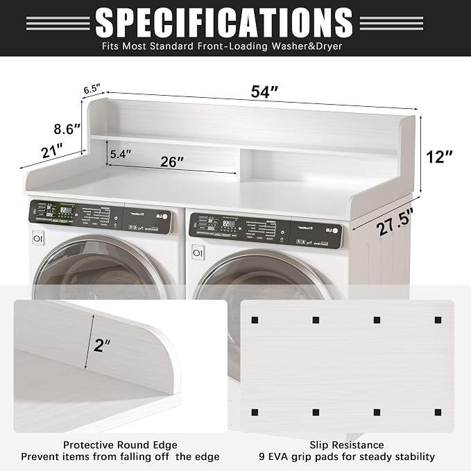 Piskyet Washer Dryer Countertop,2- Tier Laundry Countertop with Edge Rails,27.5" Depth x 54" Wood Countertop,Laundry Machine Topper for Laundry Room Organization and Storage(White)
