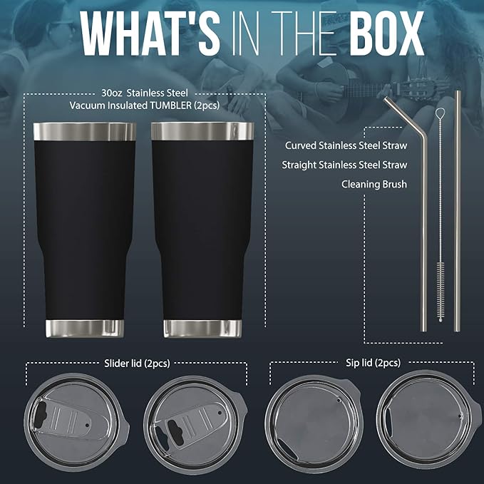 BluePeak Double Wall Vacuum Stainless Steel Insulated Tumblers Set, 2-Pack - Includes 2 Sipping Lids, 2 Spill-Proof Sliding Lids, 2 Straws, 1 Cleaning Brush & Gift Box (30 oz, Black)