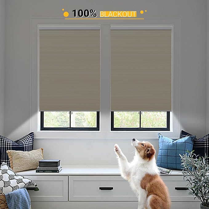 Cellular Shades Cordless Blackout Honeycomb Blinds Fabric Window Shades Ivory Beige(Blackout), 47" W x 38" H