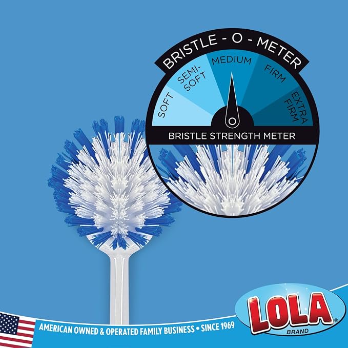 Dish Brush Scrubber for Kitchen, 4 Pack, by LOLA, Has Stiff Bristles & Food Scraper, Comfort No-Slip Grip Handle, Safe for Non-Stick & Coated Cookware