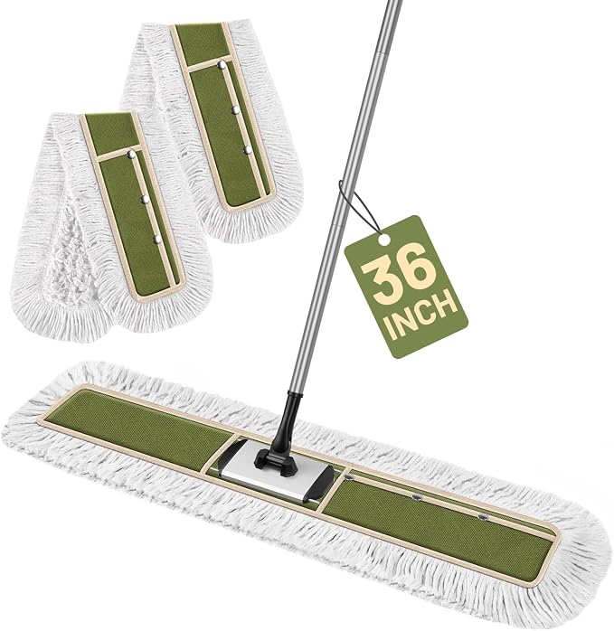 36" Commercial Dust Mop for Janitor: Wide Dust Broom Heavy Duty Industrial Floor Duster with 2 Large Pads for Hardwood Concrete Dry Floor Cleaning Gym Warehouse Sweeping