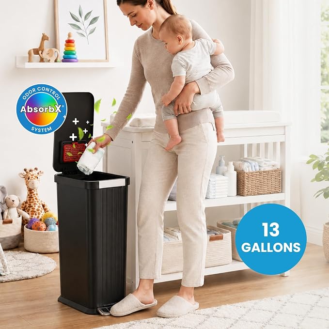 Patented 13 Gallon STEP Diaper Pail – Fits Kitchen Bags, Odor Filter Baby Trash Can, 135 Diaper Capacity, No Refills Needed, for Nursery Diapers and Adult Incontinence Underwear - Matte Black