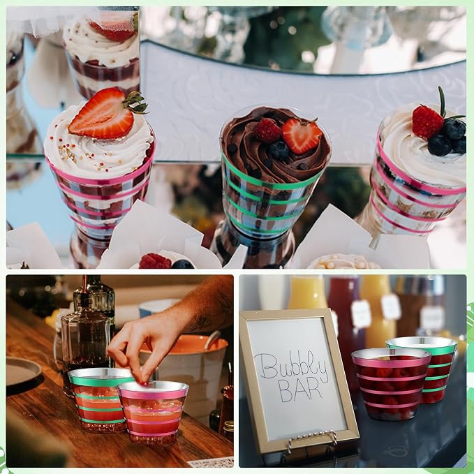 Gejoy 9 oz 50 Pcs Sorority Party Rimmed Stripe Plastic Cups Bulk Disposable Wine Hard Plastic Sisterhood Drinking Cocktail Cups Tumblers for Wedding Gathering Party Supplies(Green and Pink)