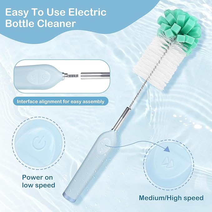 Electric Bottle Brush Cleaner with Holder, Rechargeable Automatic Water Bottle Cleaner with Stainless Steel Extension Handle, Extra Long Water Bottle Brush,Nipple Brush, Straw Cleaner Brush,