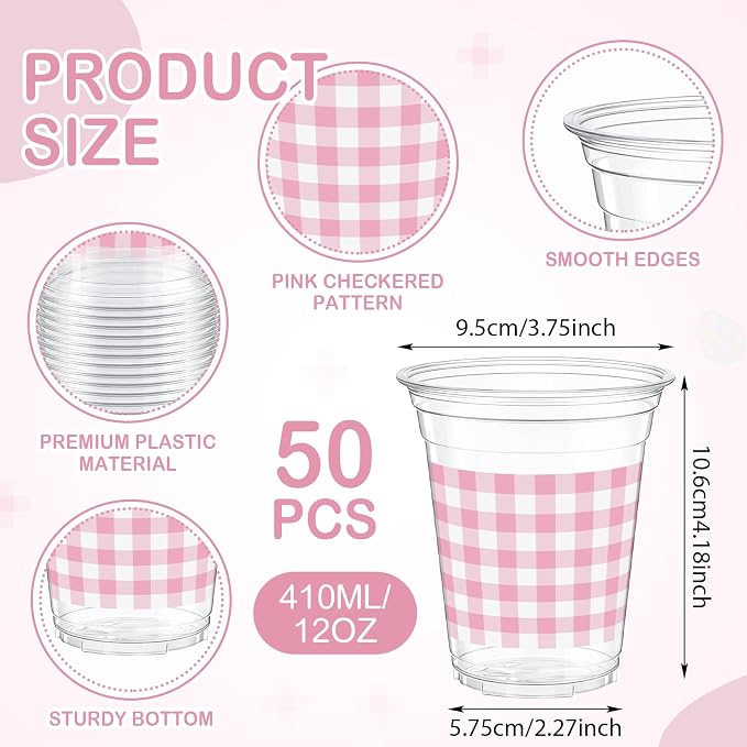 Qinyoung Checkered Plastic Cups 12oz Gingham Party Disposable Cups Bulk Drinking Cup for Cold Drinks Baby Shower Wedding Summer Birthday Party Supplies(Pink and White,50 Pcs)