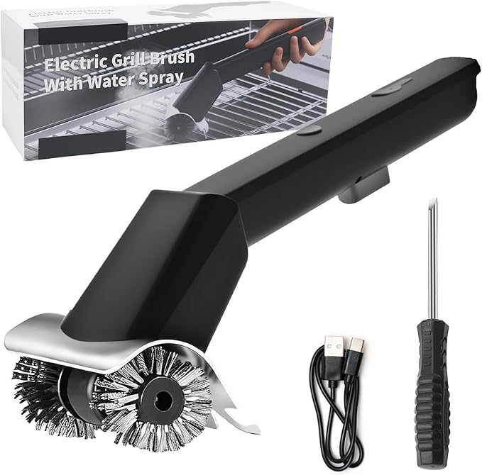Electric Grill Brush for Outdoor,Cordless Rechargeable Grill Brush with 370 RPM & LED Light,Dual Steel Brushes for Husband Father Birthday BBQ Gifts