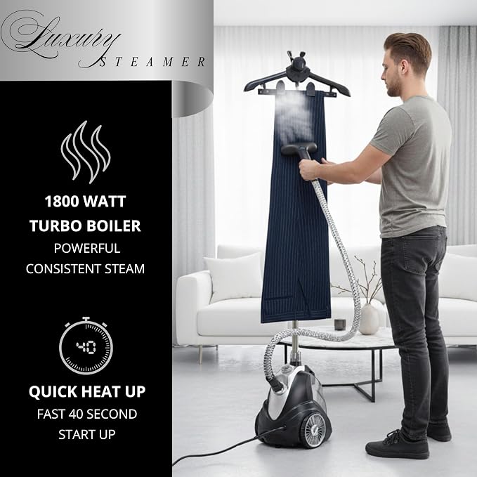 True & Tidy Luxury Standing Garment Steamer with 10 Steam Settings, Smart Auto Shut-Off 1800 Watt Powerful Clothes Steamer, Fast Heat Up, Wrinkle Removal for Home and Business Use