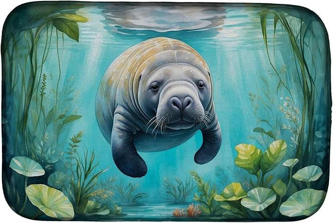 Caroline's Treasures Manatee in a Crystal-Clear Spring Dish Drying Mat Absorbent Dish Drying Mat Pad for Kitchen Counter Dish Drainer Mat for Countertop, 14 x 21", Multicolor