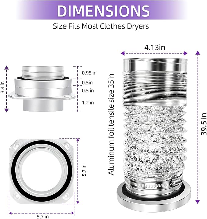 Magnetic Dryer Vent Hose Connector Kit Quick Coupling for Tight Space Including Flexible 3.3ft 4" Duct & two Clamps Easy to Clean for Laundry Room,Apartment Secadora Pipe Connection Exhaust Coupler
