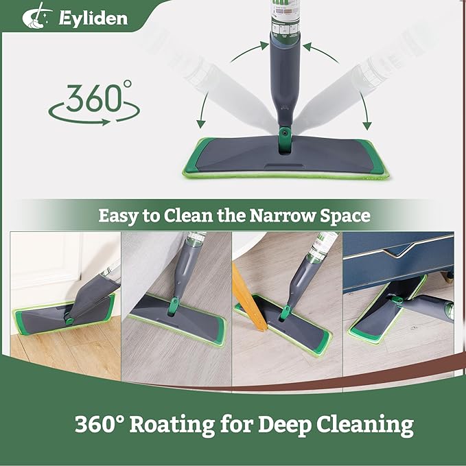 Eyliden Spray Mop with Bio-Enzyme Cleaner, Floor Mop for Hardwood, Tile & All Floors, Breaks Down Grease & Odors Naturally, 360° Swivel, 2 Washable Microfiber Pads, 4x10ml Concentrate Cleaner