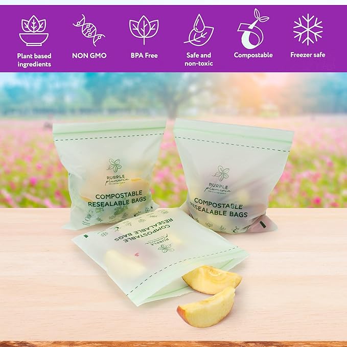 100% Compostable Resealable Food Storage Bags (50 Eco Zip), Biobased, Leak-Proof and Freezer-Safe, Extra Strong & Durable, (Quart Size) | Biobased, Leak-Proof, Durable, Freezer-Safe, Extra Strong