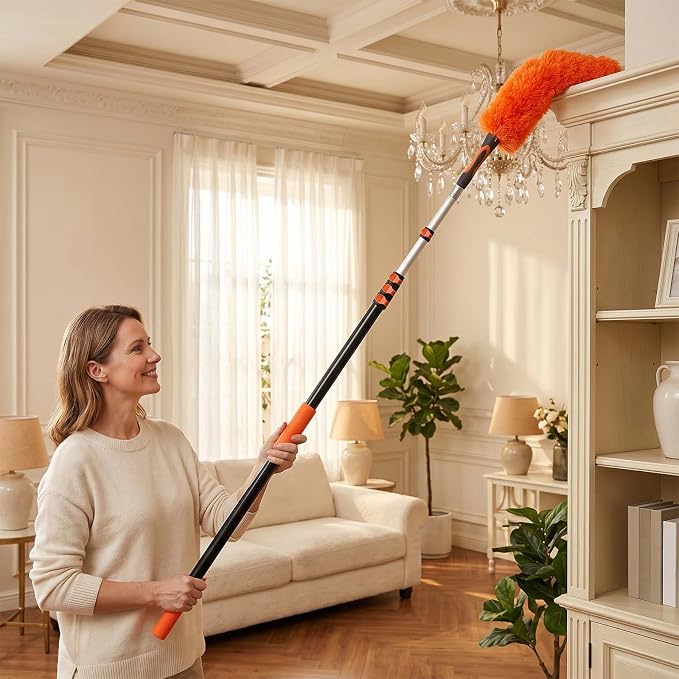 25 Foot High Ceiling Fan Duster Kit with 4.5-18ft Heavy Duty Extension Pole, Microfiber Feather Duster, Cobweb Duster, Ceiling Fan Duster and Window Squeegee, Long Dusters for Cleaning