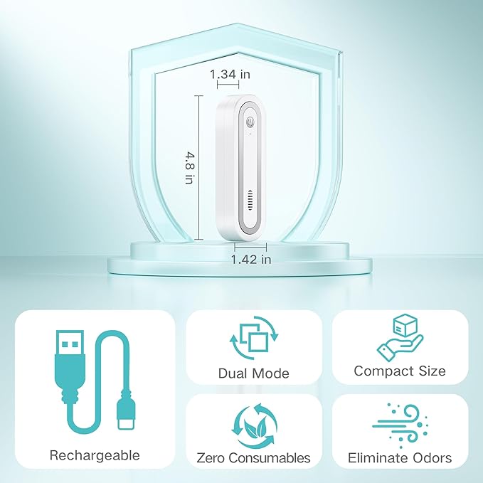 Fridge Deodorizer, Rechargeable with Dual Modes & Compact Design for Refrigerator, Car, Shoe Cabinet to Eliminate Odors and Keep Air Fresh (Silver)