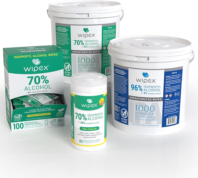 Wipex 70% Isopropyl Alcohol Wipes - Individually Wrapped Sachets, Large Electronic Wipes in Dispensing Box for Sanitizing - 100 Count (Pack of 12)