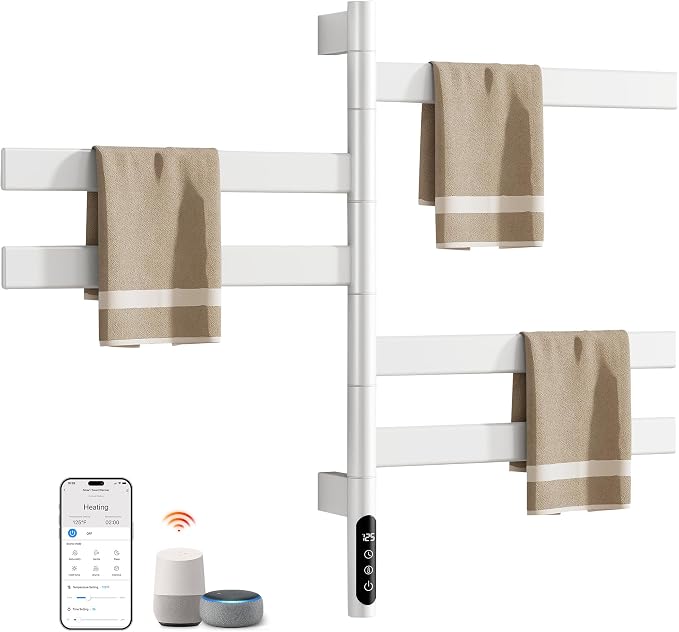 ENZE Smart Rotating Heated Towel Rack for Bathroom, 5-Bar Wall-Mounted Electric Towel Warmer with Swivel Bars, Wi-Fi App Control, 24H Timer, Stainless Steel, IPX5, Hardwired/Plug-in, White