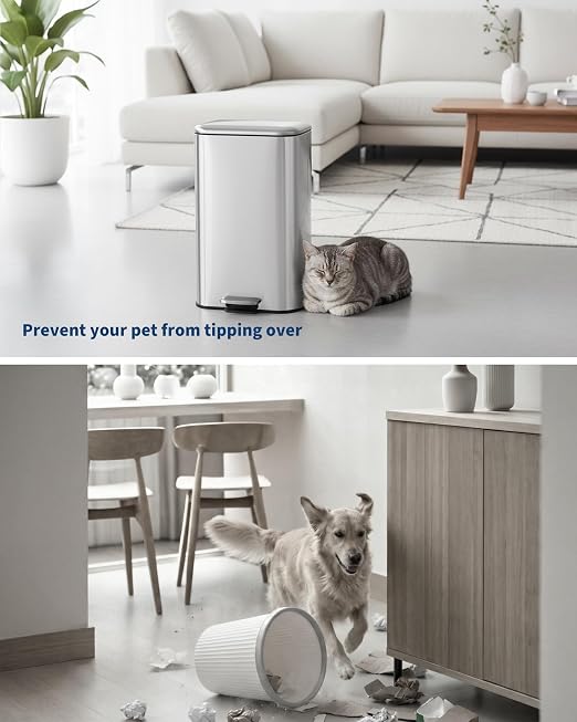 IDEALHOUSE 8 Gallon / 30L Stainless Steel Step Trash Can - Hands-Free Waste Bin with Soft-Close Lid, Removable Inner Bucket, Rectangular Design for Kitchen, Home, Office & Bathroom, Stainless Steel