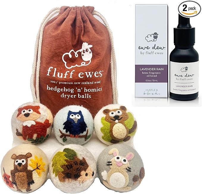 Hustle & Blush Wool Dryer Balls and Essential Oils Blend Bundle Laundry Set, Reduces Drying Time with Long Lasting Scent Laundry Supplies - 6 Pack Hedgehog and Homies & 15 ml Lavender Rain Oil