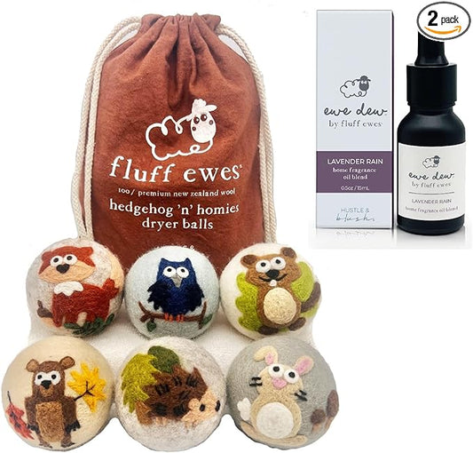 Hustle & Blush Wool Dryer Balls and Essential Oils Blend Bundle Laundry Set, Reduces Drying Time with Long Lasting Scent Laundry Supplies - 6 Pack Hedgehog and Homies & 15 ml Lavender Rain Oil