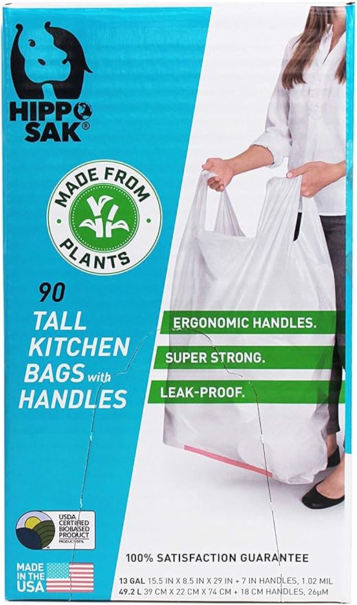 Hippo Sak - Plant Based Tall Kitchen Garbage Bags with Ergonomic Handles - 13 Gallon Trash Bags - Recyclable & Eco Friendly - Super Strong and Leak Proof Tall Kitchen Trash Bags (90 Count)