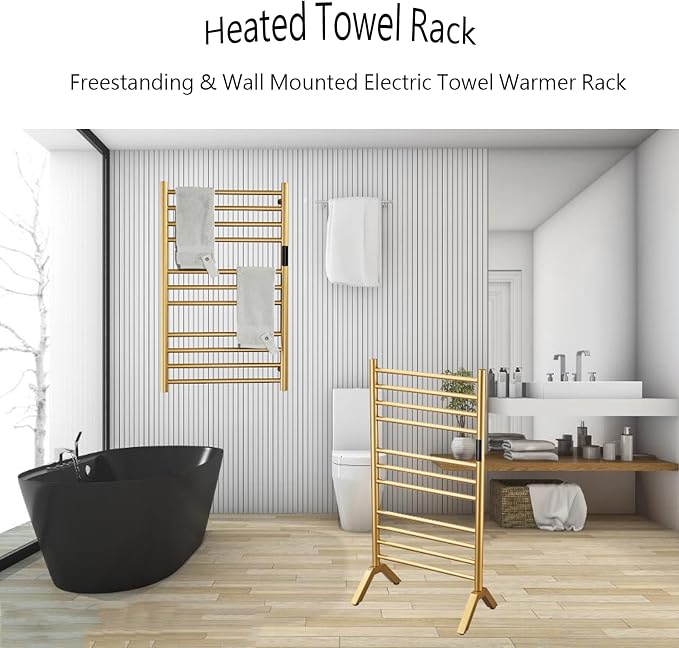 Electric Towel Warmers Radiator with Built-in Timer Gold, 140W Wall-Mounted & Freestanding Heated Towel Drying Rack with 11 Bars, 304 Stainless Steel Heated Towel Rail for Bathroom, Plug-in