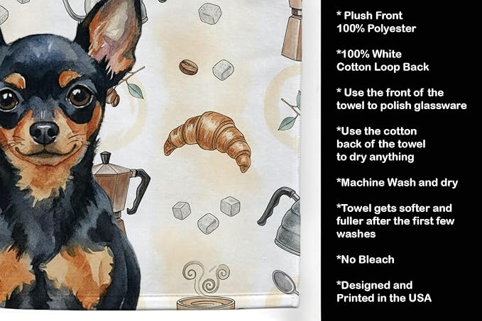 Caroline's Treasures Black and Tan Russian Toy Coffee Bar Kitchen Towel Velour Plush Front and Cotton Loop Back Machine Washable