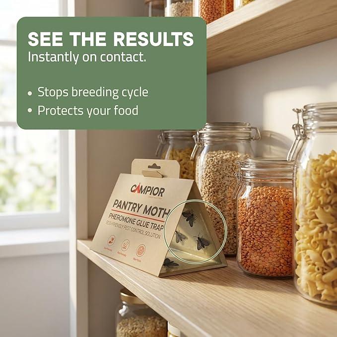Pantry Moth Traps with Pheromones (6 Pack) – Non‑Toxic, Odor‑Free Sticky Glue Traps for Pantry Moth Treatment & Prevention, Targets Web‑Spinning Food Moths, for Kitchens & Food Storage