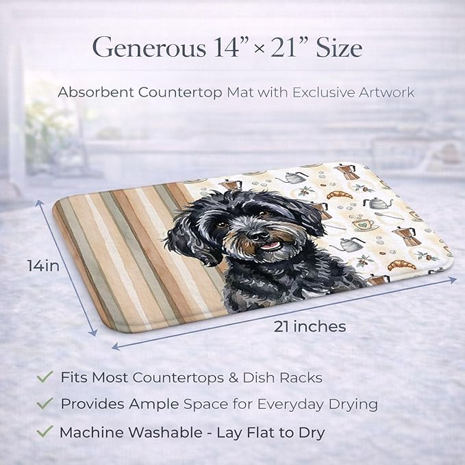 Caroline's Treasures Black Havanese Coffee Bar Dish Drying Mat Absorbent Dish Drying Mat Pad for Kitchen Counter Dish Drainer Mat for Countertop, 14 x 21", Multicolor