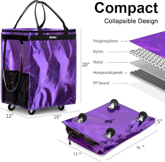 (Medium, Light Purple) Reusable Grocery Bag on Wheels, 70L Foldable Rolling Tote, Carries Up to 66 lbs Shopping Trolley, Zipper Clouser Shopping Carts for Trips, Laundry, Camping, Moving