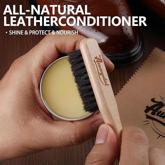 12 PCS Shoe Polish Kit - Horsehair Brushes, Black Brown Neutral Polish,Mink Oil Conditioner for Shoes,Polishing Cloth, Leather Boots Shine Care Kit ﻿Gift for Men Cowboy Husband Dad