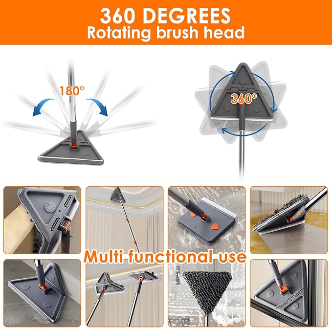Baseboard Cleaner Tool with Handle,Folding Wall Mop with 79" Extension Pole, Swivel Wall Cleaner Mop with Squeegee, 8 Reusable Pads for Baseboard, Wall, Ceiling, Window, Floor, Furniture