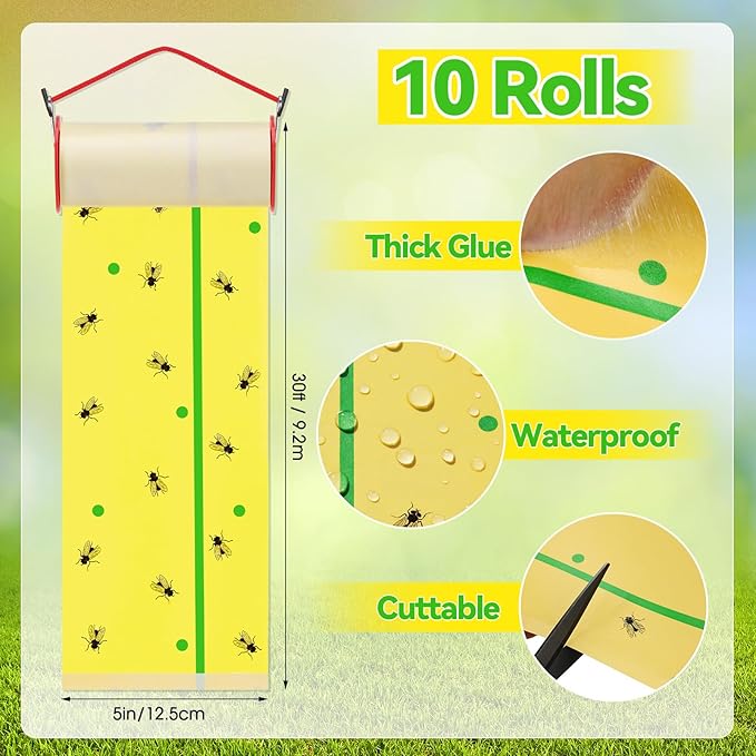 10 Rolls Fly Strips Tape 30 ft Each Fly Paper Traps Indoor Outdoor Sticky Hanging Spotted Lanternfly Tree Tape for Fruitfly Plant Barn Stable(Fluorescent Yellow,Green Lines)