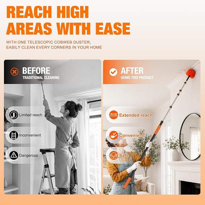 LAANPOLE 24FT Cobweb Duster with Extension Pole, Spider Web Brush for Cleaning Extendable, Professional Ceiling and Corner Dusters for Outdoor Indoor Use