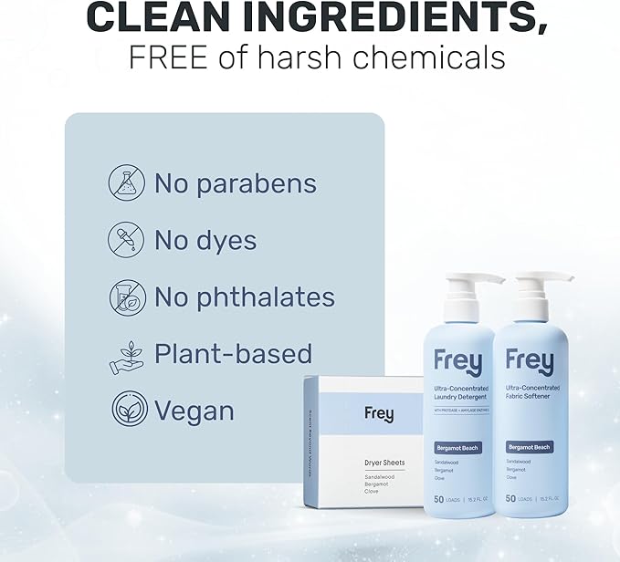 FREY The Complete Package - Concentrated Liquid Laundry Detergent, Fabric Softener, & Dryer Sheets (Sandalwood)