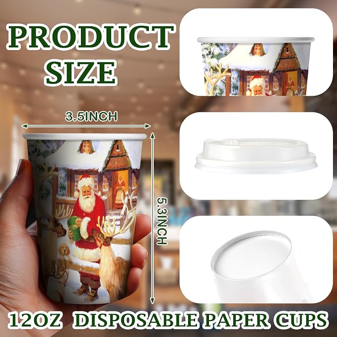 Gerrii 100 Set Christmas Paper Cups Disposable 12 oz with Lids Hot Chocolate Cups Coffee Cups Holiday Hot Cups for Hot and Cold Drinks Tea Water Bar Supplies Winter Season (Vintage Rural Style)
