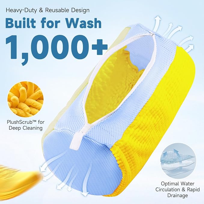 Shoe Bag for Washing Machine and Dryer - 2PCS XXL Reusable Shoe Laundry Bag with Shoe Tree - Chenille Microfiber 360°Deep Cleaning Bag for Sneakers Tennis Delicate Shoes - Yellow 15.35 × 7.5 Inches