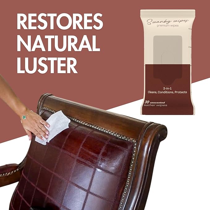 Swanky Leather Wipes - Leather Cleaner and Conditioner for Purses, Shoes, Furniture Polish & Car Seats, Prevents Fading & Cracking, Restores Softness & Shine - Soft Wipes, 60 Count