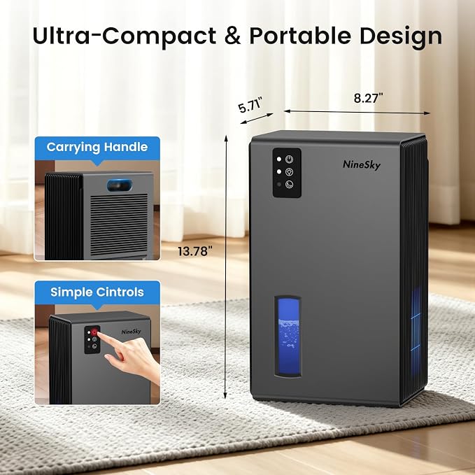 NineSky Dehumidifiers for Home, 1000 Sq.Ft Dehumidifier with 95oz Water Tank, Quiet Dehumidifier for Basement Bathroom Bedroom with 7-Color Ambient Light & Auto Shut Off, (Grey)
