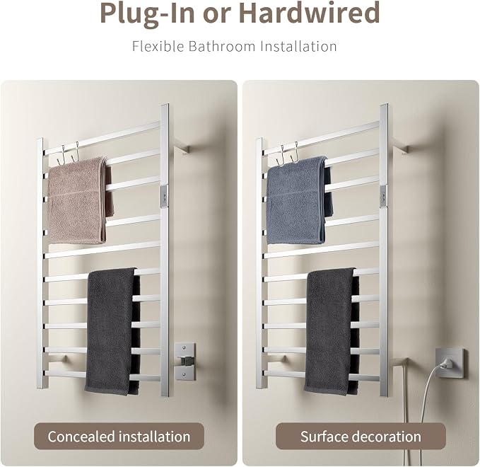 Wall Mounted Towel Warmer Square 10 Bars with Plug-in and Hardwired Options 3 Working Modes Mirror Polished Stainless Steel 21" W 34" H