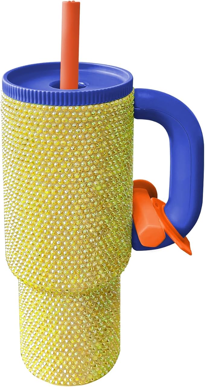 HWISDMIG 40oz Tumbler with Handle-Glitter Rhinestones Tumbler Bling Cups Stainless Steel Water Bottle Diamond Studded Tumbler for Women-Birthday Gifts for Women, Mom, Girlfriend (Golden Glow)