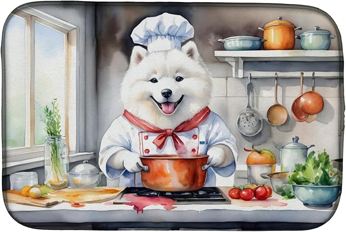Caroline's Treasures DAC6319DDM Samoyed The Chef Dish Drying Mat Absorbent Dish Drying Mat Pad for Kitchen Counter Dish Drainer Mat for Countertop, 14 x 21", Multicolor