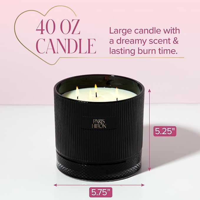 Paris Hilton Pink Spritz Scented Candle, Black Ribbed Glass Vessel with Faceted Diamond Detail, Premium Plant Wax Blend, 4-Wicks, 40-Ounce